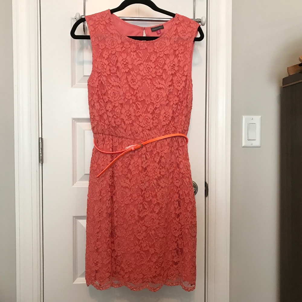 Gorgeous Vince Camuto sleeveless floral lace coral summer fully lined dress (M)